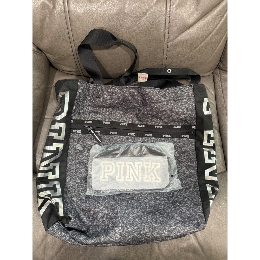 Victoria's Secret PINK Gray Marl Tote Bag Metallic Silver Logo Zip Topwith Pouch